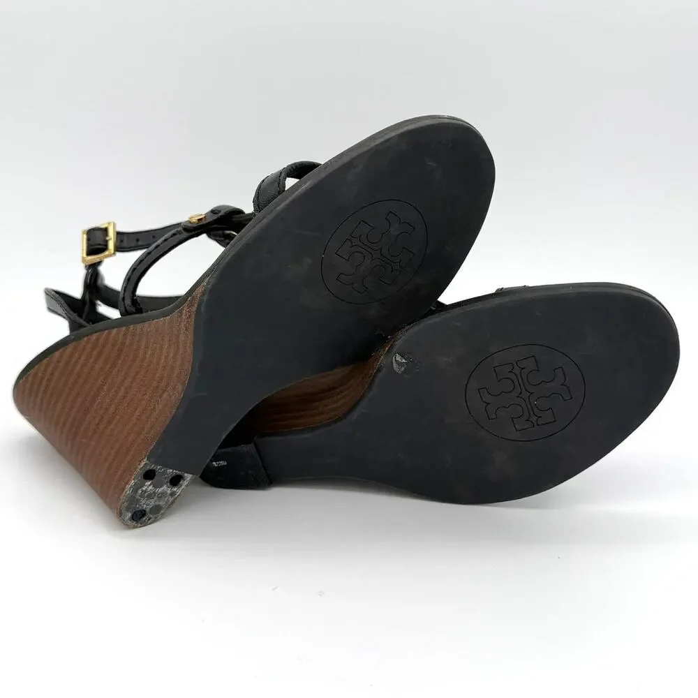 Tory Burch Leather Wedge Sandals Black Cutout Gold Studs Size 8M Summer Resort